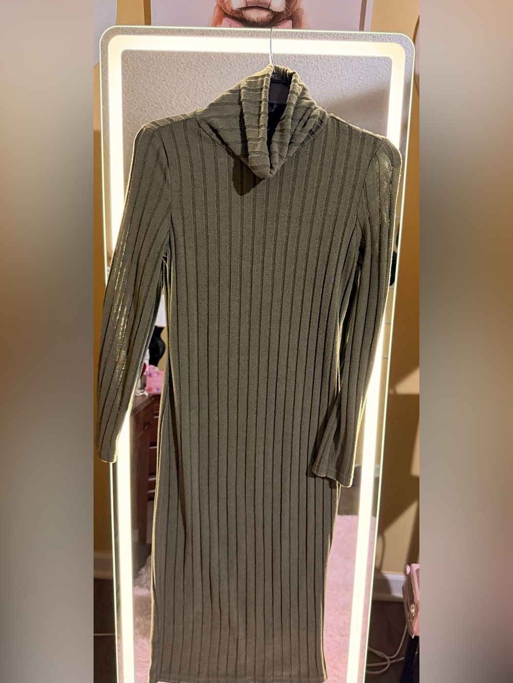 SHEIN Olive Green Ribbed Knit Turtleneck Midi Dress